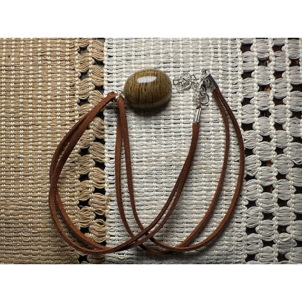 Oval Thousand Layer Garden Quartz Pendant Necklace on Brown Faux Suede - Picture 8 of 10